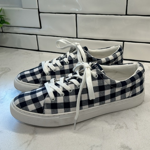 J. Crew Factory Navy Blue Gingham Printed Canvas Lace Up Road Trip Sneakers SZ 9 - Picture 4 of 16